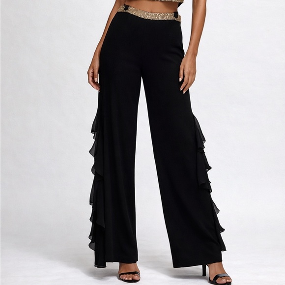Gold Crop Halter Top & Black Wide-Leg Pants Set - Picture 12 of 13